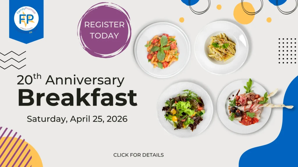 Family Promise of Berks County 20th Anniversary Celebration breakfast event banner with organizational logo
